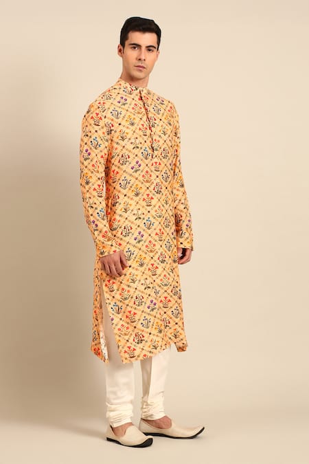 Buy_Mayank Modi - Men_Yellow Muslin Floral Print Kurta Set _Online_at_Aza_Fashions