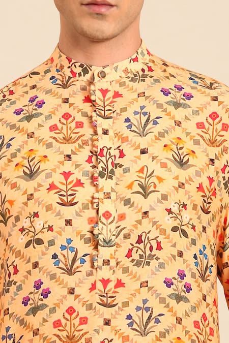 Buy_Mayank Modi - Men_Yellow Muslin Floral Print Kurta Set 