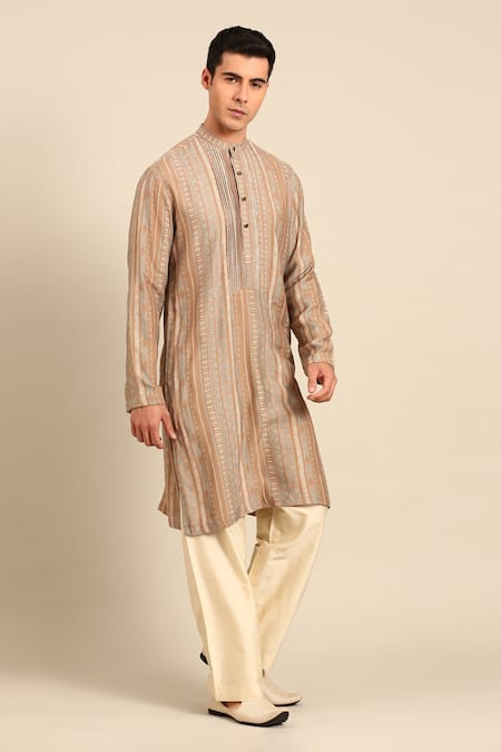 Mayank Modi - Men Printed Muslin Kurta & Solid Pant Set 
