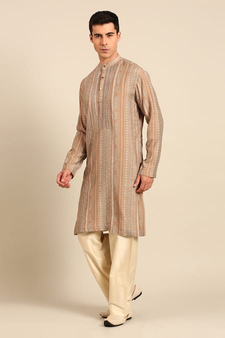 Buy_Mayank Modi - Men_Brown Muslin Printed Kurta And Solid Pant Set _Online_at_Aza_Fashions