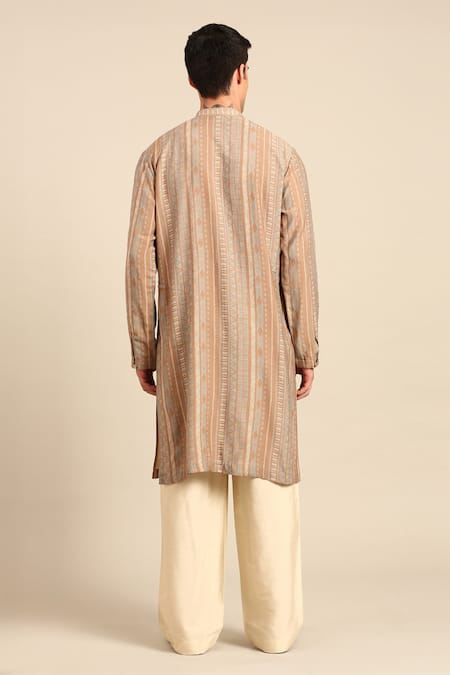 Mayank Modi - Men Printed Muslin Kurta & Solid Pant Set 
