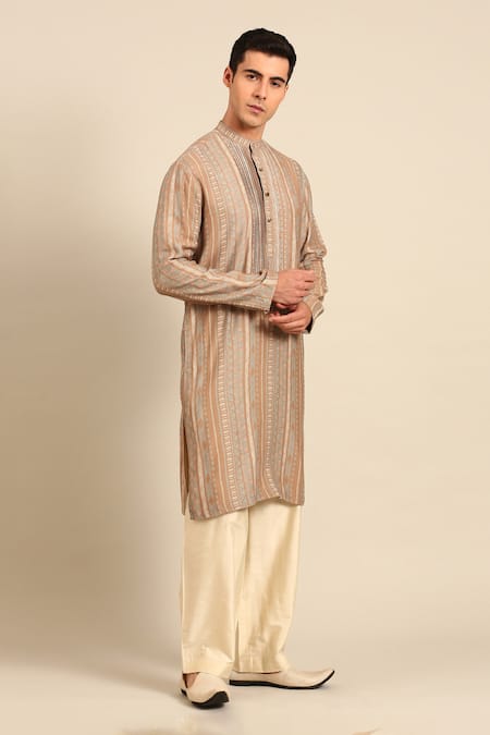 Shop_Mayank Modi - Men_Brown Muslin Printed Kurta And Solid Pant Set _Online_at_Aza_Fashions