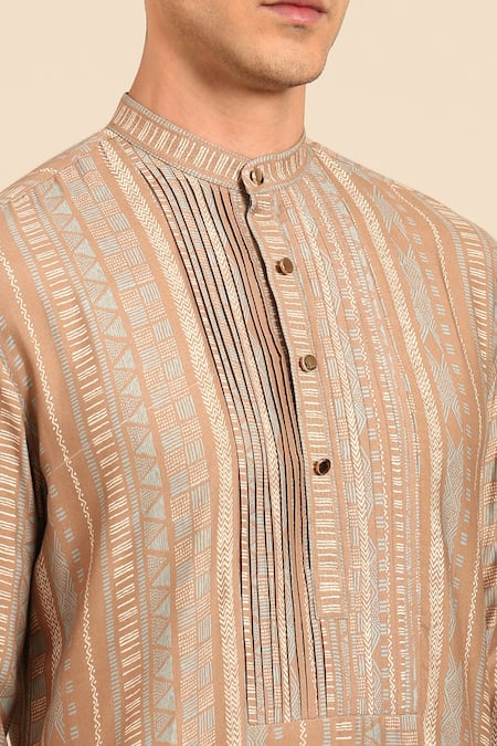 Buy_Mayank Modi - Men_Brown Muslin Printed Kurta And Solid Pant Set 