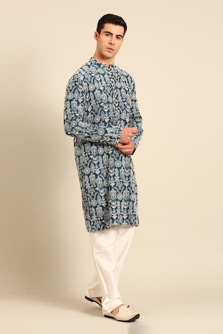 Buy_Mayank Modi - Men_Blue Chanderi Embroidered Kurta Set _Online_at_Aza_Fashions
