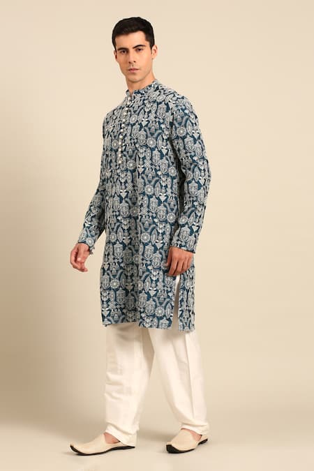 Shop_Mayank Modi - Men_Blue Chanderi Embroidered Kurta Set _Online_at_Aza_Fashions