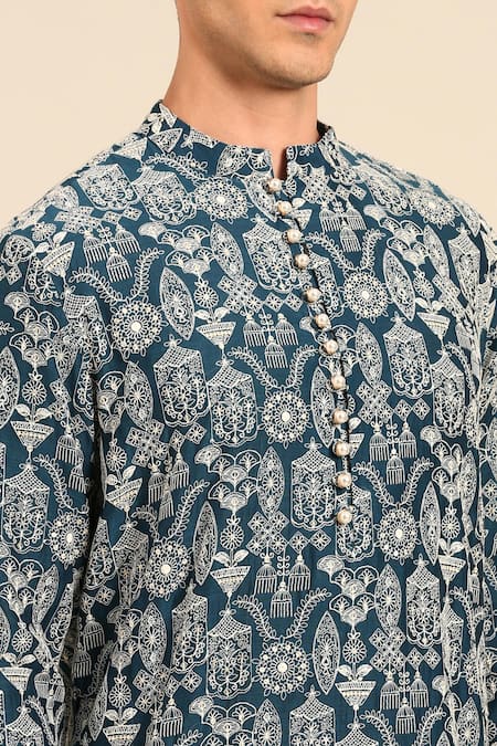 Shop_Mayank Modi - Men_Blue Chanderi Embroidered Kurta Set 