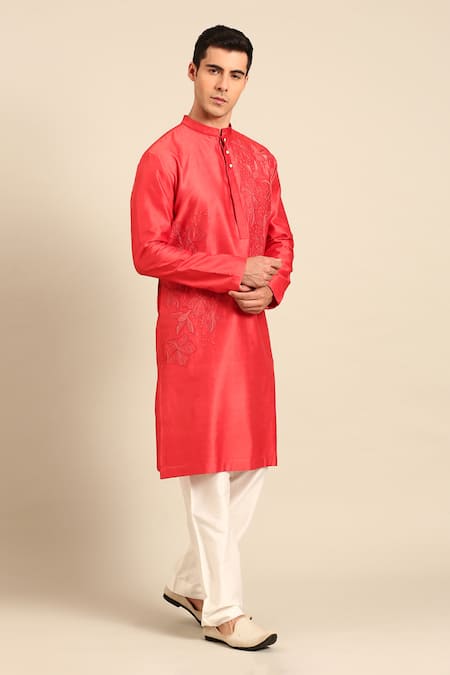 Mayank Modi - Men_Orange Chanderi Embroidery, Beads Kurta And Pant Set _Online_at_Aza_Fashions