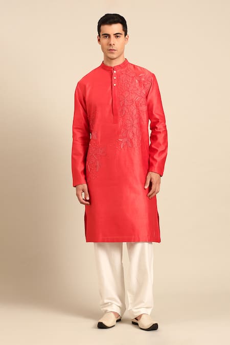 Buy_Mayank Modi - Men_Orange Chanderi Embroidery, Beads Kurta And Pant Set _Online_at_Aza_Fashions