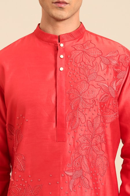 Shop_Mayank Modi - Men_Orange Chanderi Embroidery, Beads Kurta And Pant Set _Online_at_Aza_Fashions