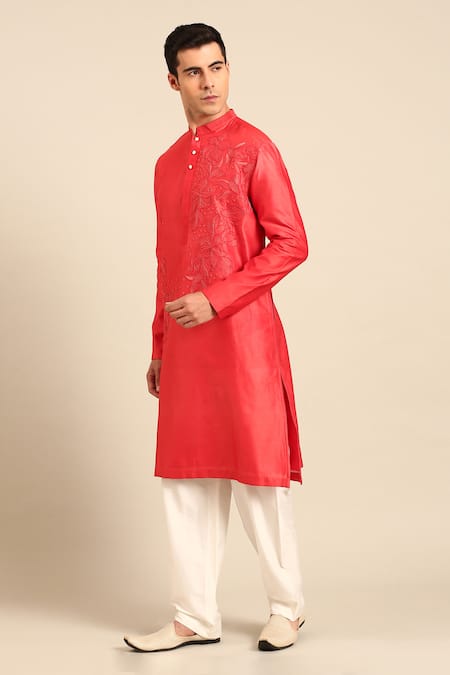Mayank Modi - Men_Orange Chanderi Embroidery, Beads Kurta And Pant Set _at_Aza_Fashions