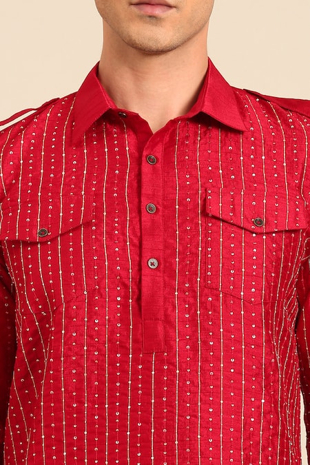 Shop_Mayank Modi - Men_Red Bemberg Sequins, Metallic Thread Embroidered Kurta With Patiala Pant _Online_at_Aza_Fashions
