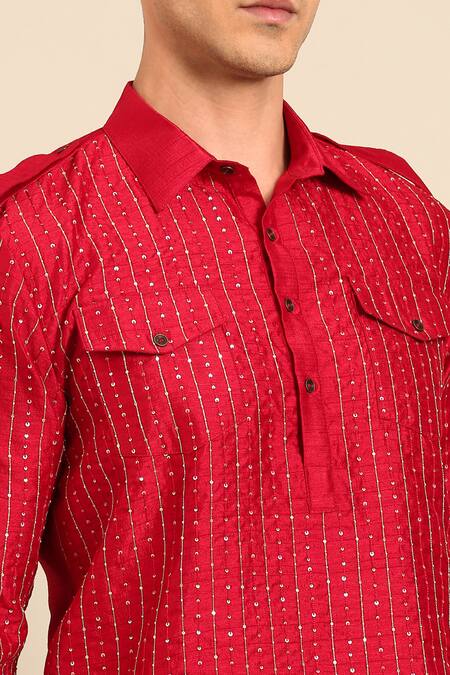 Mayank Modi - Men_Red Bemberg Sequins, Metallic Thread Embroidered Kurta With Patiala Pant _at_Aza_Fashions
