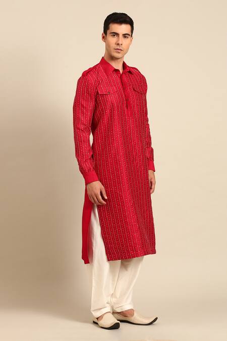 Buy_Mayank Modi - Men_Red Bemberg Sequins, Metallic Thread Embroidered Kurta With Patiala Pant 