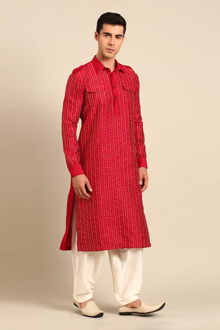 Shop_Mayank Modi - Men_Red Bemberg Sequins, Metallic Thread Embroidered Kurta With Patiala Pant 