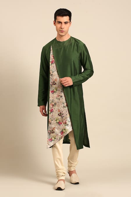 Mayank Modi - Men Green Silk Chanderi Kurta Set 
