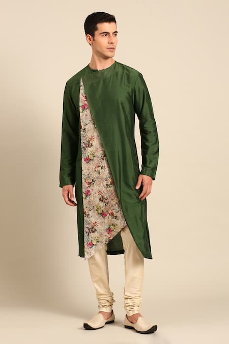 Mayank Modi - Men_Green Silk, Chanderi Embroidery Kurta Set _Online_at_Aza_Fashions