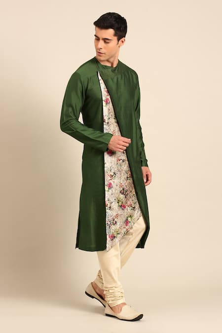 Shop_Mayank Modi - Men_Green Silk, Chanderi Embroidery Kurta Set _Online_at_Aza_Fashions