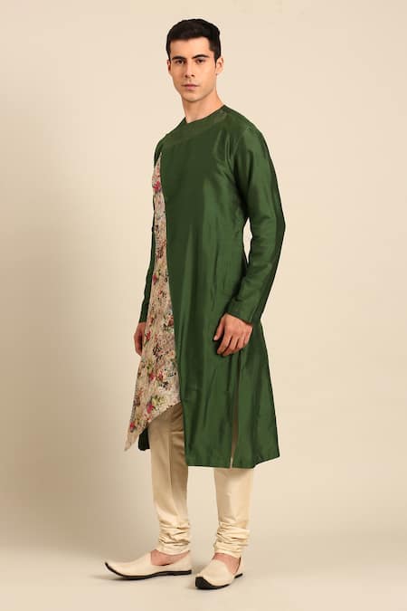 Mayank Modi - Men_Green Silk, Chanderi Embroidery Kurta Set _at_Aza_Fashions