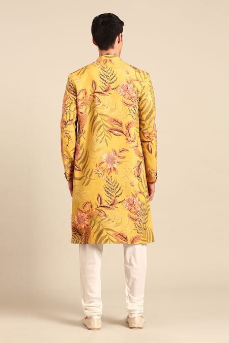 Mayank Modi - Men Floral Print Yellow Sherwani Set 