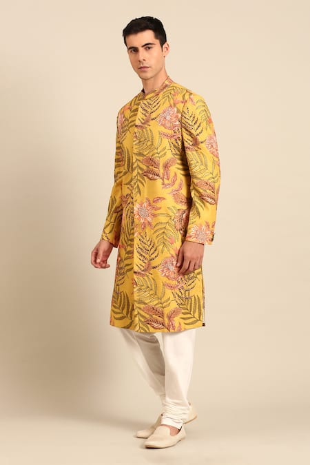 Mayank Modi - Men_Yellow Cotton Floral Print Sherwani Set _Online_at_Aza_Fashions