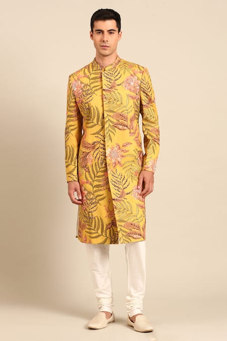 Buy_Mayank Modi - Men_Yellow Cotton Floral Print Sherwani Set _Online_at_Aza_Fashions