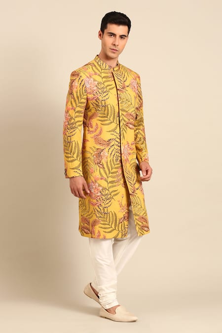 Shop_Mayank Modi - Men_Yellow Cotton Floral Print Sherwani Set _Online_at_Aza_Fashions