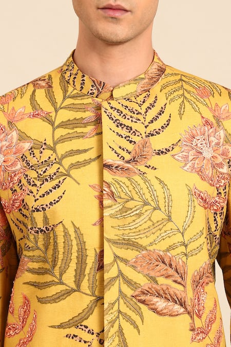Buy_Mayank Modi - Men_Yellow Cotton Floral Print Sherwani Set 