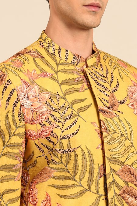 Shop_Mayank Modi - Men_Yellow Cotton Floral Print Sherwani Set 