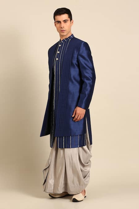 Mayank Modi - Men Blue Bemberg, Silk Pearls, Metallic Thread, Pleated Sherwani And Dhoti Pant Set Online at Aza Fashions Mayank Modi - Men_Blue Bemberg, Silk Pearls, Metallic Thread, Pleated Sherwani And Dhoti Pant Set _Online_at_Aza_Fashions