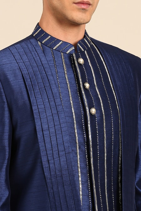 Buy Mayank Modi - Men Blue Bemberg, Silk Pearls, Metallic Thread, Pleated Sherwani And Dhoti Pant Set Online at Aza Fashions Buy_Mayank Modi - Men_Blue Bemberg, Silk Pearls, Metallic Thread, Pleated Sherwani And Dhoti Pant Set _Online_at_Aza_Fashions