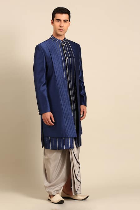 Shop Mayank Modi - Men Blue Bemberg, Silk Pearls, Metallic Thread, Pleated Sherwani And Dhoti Pant Set Online at Aza Fashions Shop_Mayank Modi - Men_Blue Bemberg, Silk Pearls, Metallic Thread, Pleated Sherwani And Dhoti Pant Set _Online_at_Aza_Fashions