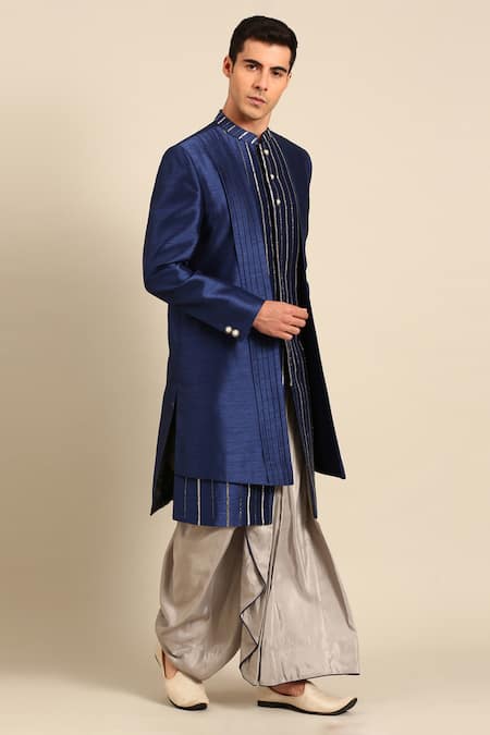 Mayank Modi - Men Blue Bemberg, Silk Pearls, Metallic Thread, Pleated Sherwani And Dhoti Pant Set at Aza Fashions Mayank Modi - Men_Blue Bemberg, Silk Pearls, Metallic Thread, Pleated Sherwani And Dhoti Pant Set _at_Aza_Fashions