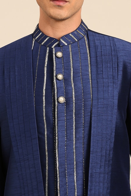 Buy Mayank Modi - Men Blue Bemberg, Silk Pearls, Metallic Thread, Pleated Sherwani And Dhoti Pant Set Buy_Mayank Modi - Men_Blue Bemberg, Silk Pearls, Metallic Thread, Pleated Sherwani And Dhoti Pant Set