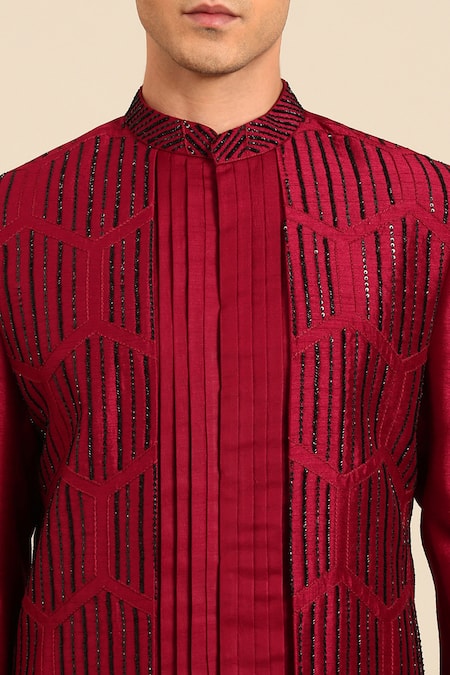 Buy_Mayank Modi - Men_Maroon Bemberg, Silk Sequins, Embroidery Geometric Sherwani Set _Online_at_Aza_Fashions