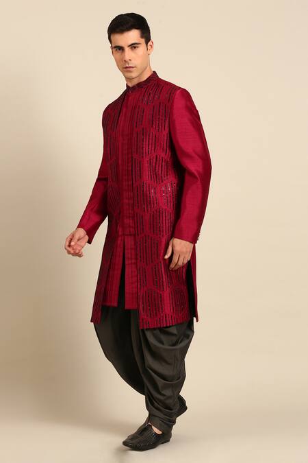 Shop_Mayank Modi - Men_Maroon Bemberg, Silk Sequins, Embroidery Geometric Sherwani Set _Online_at_Aza_Fashions