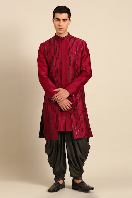 Mayank Modi - Men Geometric Embroidered Sherwani Set 