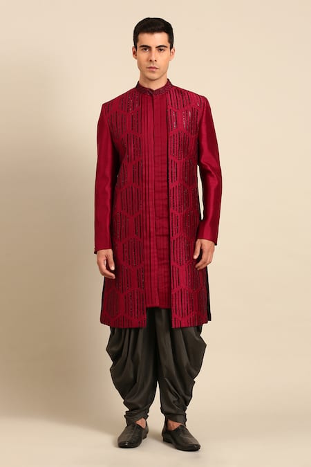 Mayank Modi - Men_Maroon Bemberg, Silk Sequins, Embroidery Geometric Sherwani Set _at_Aza_Fashions