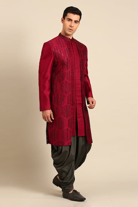 Buy_Mayank Modi - Men_Maroon Bemberg, Silk Sequins, Embroidery Geometric Sherwani Set 