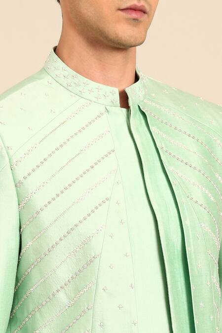 Buy_Mayank Modi - Men_Green Silk, Cotton Embroidery Sherwani And Churidar Set _Online_at_Aza_Fashions
