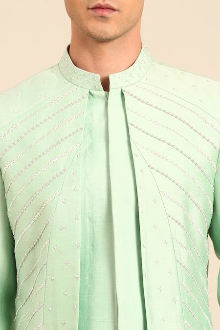 Shop_Mayank Modi - Men_Green Silk, Cotton Embroidery Sherwani And Churidar Set _Online_at_Aza_Fashions