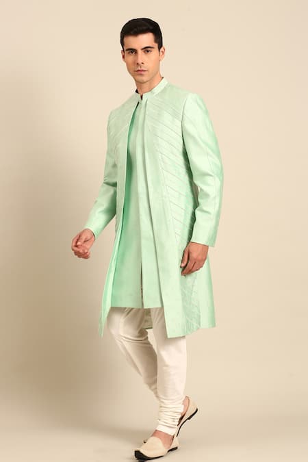 Mayank Modi - Men_Green Silk, Cotton Embroidery Sherwani And Churidar Set _at_Aza_Fashions