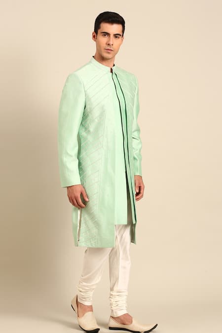 Buy_Mayank Modi - Men_Green Silk, Cotton Embroidery Sherwani And Churidar Set 