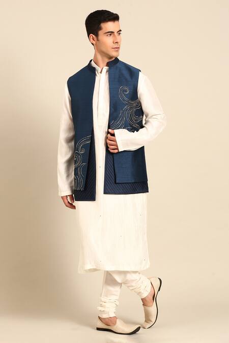 Mayank Modi - Men_Blue Bemberg, Silk Embroidery Abstract Swirl Nehru Jacket _Online_at_Aza_Fashions