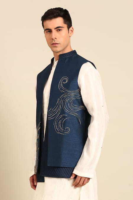 Buy_Mayank Modi - Men_Blue Bemberg, Silk Embroidery Abstract Swirl Nehru Jacket _Online_at_Aza_Fashions