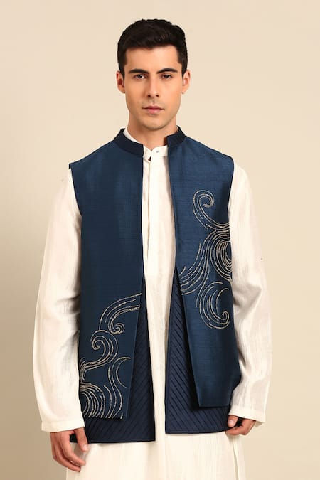 Mayank Modi - Men Abstract Swirl Embroidered Nehru Jacket