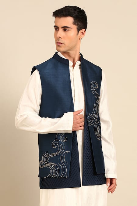 Shop_Mayank Modi - Men_Blue Bemberg, Silk Embroidery Abstract Swirl Nehru Jacket _Online_at_Aza_Fashions