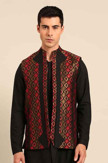 Mayank Modi - Men Silk Jacquard Geometric Pattern Nehru Jacket