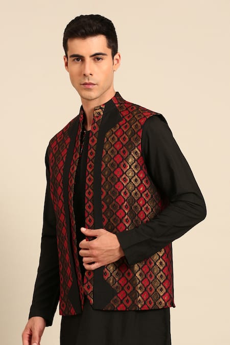 Mayank Modi - Men_Black Silk, Jacquard Geometric Pattern Nehru Jacket _Online_at_Aza_Fashions