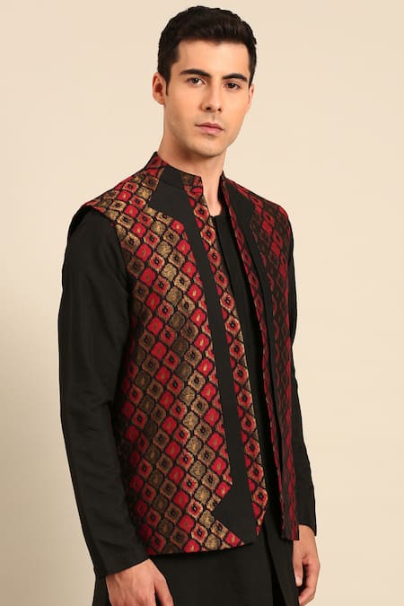Buy_Mayank Modi - Men_Black Silk, Jacquard Geometric Pattern Nehru Jacket _Online_at_Aza_Fashions