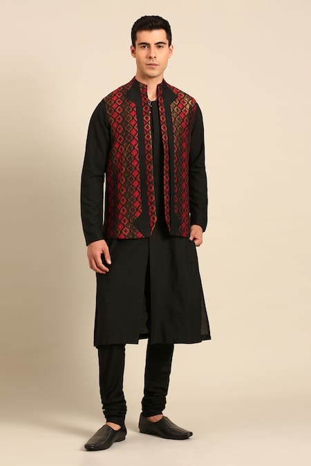 Shop_Mayank Modi - Men_Black Silk, Jacquard Geometric Pattern Nehru Jacket _Online_at_Aza_Fashions